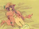 1girl bloomers bloomers_pull bottomless bow female hair_bow hat kuma_(artist) kuma_(crimsonvanilla) long_hair lying navel on_back open_clothes open_robe patchouli_knowledge purple_hair pussy red_eyes robe solo touhou underwear