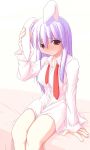  1girl animal_ears arm_support bangs blush bottomless breasts bunny_ears dress_shirt ear_grab embarrassed female frown full-face_blush kurikara long_hair looking_at_viewer necktie on_bed purple_hair red_eyes red_necktie reisen_udongein_inaba shirt simple_background sitting solo touhou undone_necktie untied wavy_mouth white_background 