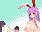3girls animal_ears breast_hold breasts bunny_ears camcorder camera covering covering_breasts covering_nipples female halftone halftone_background houraisan_kaguya inaba_tewi kaguya_houraisan large_breasts long_hair monk_(artist) monk_(syugyousou) multiple_girls purple_hair recording red_eyes reisen_udongein_inaba tewi_inaba topless touhou wallpaper