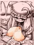  1girl :&lt; areolae blush book breast_rest breasts breasts_outside capelet cleavage crescent cum cum_on_body cum_on_breasts cum_on_upper_body dress front_ponytail hair hat headgear hirowa_nagi huge_breasts indoors large_breasts long_hair monochrome nipples no_bra open_clothes open_dress partially_colored patchouli_knowledge puffy_nipples purple solo straight_hair sweat touhou uncensored very_long_hair yellow 