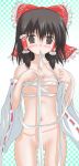  blush daiki female flat_chest hakurei_reimu highres japanese_clothes miko mouth_hold nude reimu_hakurei ribbon sarashi solo touhou 