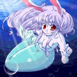  1girl animal_ears blush bubble bunny_ears female hair_over_breasts light_rays light_smile long_hair lowres mermaid monster_girl natsumi_akira nude purple_hair red_eyes reisen_udongein_inaba solo sunbeam sunlight topless touhou underwater 