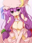  1girl blush breasts female hat mouth_hold nipples patchouli_knowledge purple_eyes purple_hair ribbon_in_mouth shirogane shirogane_(platinum) shirt_lift solo touhou 