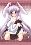  1girl animal_ears bare_shoulders blush bunny_ears embarrassed feet female gonzaburo halftone halftone_background long_hair open_mouth purple_hair red_eyes reisen_udongein_inaba sandals sitting solo touhou undressing wariza 