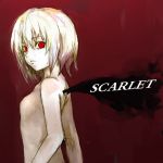  1girl female fujikawa_daichi monochrome nude open_mouth pale_skin red_eyes remilia_scarlet short_hair small_breasts solo text touhou wings 