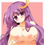  1girl :&lt; bangs breast_grab breast_squeeze breasts crescent crescent_hair_ornament female grabbing hair_ornament head_tilt huge_breasts long_hair nipples no_hat nude patchouli_knowledge purple_eyes purple_hair shirogane shirogane_(platinum) solo touhou 
