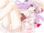  1girl ass blush book breasts cinki dress_shirt female hair_ribbon hat legs legs_up long_hair lying nipples no_pants on_back open_clothes open_shirt panties panty_pull patchouli_knowledge pink_panties purple_eyes purple_hair ribbon shirt solo touhou underwear 