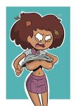  1girl amphibia anne_boonchuy areola belly belly_button big_breasts brown_areola brown_hair brown_nipples brown_skin colored curly_hair dark-skinned_female dark_skin disney disney_channel female_only frustrated grey_shirt leaves leaves_in_hair looking_down nipples no_bra purple_skirt shirt shirt_pull shirt_up short_hair skirt small_shirt solo_female sweat sweaty terrible_the_drawfag thai tight tight_clothing tight_fit tight_shirt under_boob wardrobe_malfunction 