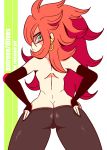  1girl android_21 anus ass ass_tattoo bare_ass bare_back bare_shoulders black-framed_glasses black_pants blue_eyes brown_hair clitoral_hood clitoris curly_hair diives dragon_ball dragon_ball_fighterz ear_piercing earrings elbow_gloves fingerless_gloves flashing from_behind frown gif glasses gloves high_resolution hoop_earrings jewelry leggings looking_at_viewer looking_back megane nopan pants pants_down pants_pull patreon_reward piercing pussy tattoo uncensored 