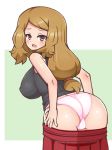  1girl ass bare_shoulders black_shirt blonde_hair blush breasts chro_(rulurullu) erect_nipples female from_behind green_background hair_tie large_breasts leaning_forward looking_at_viewer looking_back open_mouth panties pink_panties pleated_skirt pokemon pokemon_(game) pokemon_xy red_skirt serena_(pokemon) shiny shiny_skin shirt simple_background skirt skirt_pull sleeveless sleeveless_shirt solo standing tied_hair two-tone_background underwear undressing 
