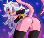  android_21 ass black_sclera dragon_ball_fighterz fangs looking_back majin_android_21 monster_girl pink_skin pointy_ears pussy red_eyes tail 