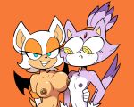 1girl 5:4_aspect_ratio anthro bats big_breasts blaze_the_cat blue_eyes breast_press breast_size_difference breasts eyelashes fangs feline female_only forehead_jewel frown fur furry grin half-closed_eyes looking_at_breasts mammal miscon nipples nude orange_background purple_fur rouge_the_bat simple_background small_breasts smile sonic_the_hedgehog_(series) sweat wings yellow_eyes