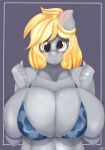  1girl 1girl 2015 anthro anthrofied big_breasts blonde_hair blush breasts cleavage clothed clothing derpy_hooves_(mlp) equine fladdykin friendship_is_magic furry grey_skin hair half-closed_eyes high_res horse huge_breasts mammal my_little_pony pony 