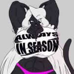  1girl anthro big_breasts blue_eyes breasts clothing feline furry hair hands_behind_head invalid_tag long_hair looking_at_viewer mammal muscular panther shirt torn_clothing torn_shirt underwear white_hair 