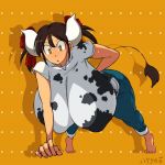 anthro arm_behind_back big_breasts bouncing_breasts cow cow_accoutrements cow_girl cow_horns cow_tail gif jiggling_breasts massive_breasts nipples push-ups yellow_eyes