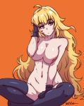 1girl akairiot artist_name big_breasts black_gloves black_legwear blonde blush breasts covering covering_crotch curvaceous erect_nipples functionally_nude gloves indian_style inverted_nipples light-skinned_female light_skin long_hair navel nipples no_panties nude orange_background purple_eyes rwby simple_background sitting stockings very_long_hair yang_xiao_long