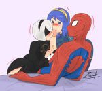 blushing_face double_fellatio ffm_threesome fire_emblem licking_penis lucina lucina_(fire_emblem) nier:_automata penis_on_breast spider-man spider-man_(series) threesome yorha_no._2_type_b zronku