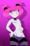 covered_nipples dc_comics dcau feathers-ruffled jinx looking_at_viewer navel nipple_tape nude pink_hair pubic_tuft teen_titans
