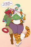  1girl 2017 4_toes 5_fingers anthro big_breasts bound breasts breath_of_the_wild buxbi buxbi_(character) clothed clothing cosplay dialogue duo english_text feline fur furry gerudo_outfit hair hands_behind_back larger_female link long_hair male male/female mammal midriff navel nintendo orange_fur red_fur shaw_(character) signature simple_background size_difference slightly_chubby smaller_male striped_fur stripes text the_legend_of_zelda thick_thighs tiger toes video_games voluptuous wide_hips yellow_eyes 