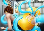  1girl anal anus areola ass blizzard_entertainment breasts brown_hair cum cum_in_ass cum_in_pussy cum_inside curvy doggy_position luminyu nipples overwatch patreon penetration penis pussy short_hair straight sucking tentacle torn_clothes tracer_(overwatch) vaginal_penetration voluptuous 