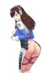  1girl 1girl ass bangs blue_bodysuit blush bodysuit breasts breasts_out_of_clothes brown_eyes brown_hair clothes_writing d.va_(overwatch) dimples_of_venus eyebrows_visible_through_hair facial_mark from_behind gloves grin headgear kneepits leaning_forward lips long_hair looking_at_viewer looking_back medium_breasts mezzo_(orbanga21) nipples overwatch parted_lips pussy_peek smile standing teeth thighs undressing whisker_markings white_gloves 