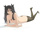  1girl 1girl 1girl arm_support ass bad_id bad_pixiv_id black_hair black_legwear blue_eyes breasts downpants fate/stay_night fate_(series) hair_ornament hair_ribbon jewelry long_hair looking_at_viewer lying medium_breasts nipples nishi_tanuki on_stomach pantyhose pantyhose_pull pendant posterior_cleavage ribbon rin&#039;s_pendant stockings tied_hair tohsaka_rin topless twin_tails two_side_up white_background 