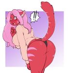  ! 1girl 1girl 2018 anthro arnachy ass atuki breasts cat clothed clothing digital_media_(artwork) fangs feline furry hair high_res long_hair looking_back mammal open_mouth pink_hair raised_tail stripes underwear 