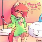  ! 1girl 2018 :3 anthro bed biped black_eyebrows blue_eyes blush bottomless butterscotch_(hoodie) clothed clothing cutie_mark digital_media_(artwork) english_text equine eyebrows eyelashes fan_character front_view fur girly green_clothing green_topwear hair heart highres hoodie hoodie_(artist) hooves horse key leash letter lock looking_at_viewer male mammal my_little_pony one_eye_closed penis pillow pink_hair pink_penis pink_tail pony signature smile standing sweater tan_fur tan_testicles testicles text url wink 
