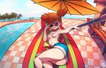  1girl breasts female female_human female_only human kasumi_(pokemon) looking_at_viewer misty no_bra orange_hair outdoor outside pokemon selfie_stick selfpic shorts solo topless 