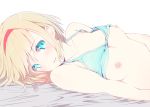  1girl 1girl 1girl alice_margatroid bare_shoulders blonde blue_bra blue_eyes blue_underwear bra bra_lift breasts clavicle eyebrows_visible_through_hair hairband looking_at_viewer lying nipples nirap on_back parted_lips red_hairband short_hair simple_background small_breasts touhou underwear_sex white_background 
