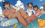  1girl 3_girls accidental_exposure animal_ears anklet areola barefoot bath_toy big_breasts bikini black_hair blue_eyes breasts brown_eyes cleavage clothing collar dark-skinned_female dark_skin day earrings extra_ears feet goggles holding_water_gun jewelry kr_ohoshisama looking_ahead multiple_girls necklace nipples ocean one-piece_swimsuit open_mouth original outdoor_nudity outside partially_submerged puffy_areolae rubber_duck short_hair sitting soles standing swimsuit toes topless wardrobe_malfunction water_drop water_gun wet 