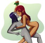 2_girls big_breasts blush breasts breasts_press christmas curvaceous dc_comics edit female female_only forehead_jewel kissing long_hair mistletoe multiple_girls nude purple_hair raven_(dc) ravenravenraven red_hair short_hair skirt starfire symmetrical_docking teen_titans thick_thighs thighs voluptuous yuri