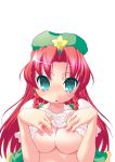  1girl braid breasts chinese_clothes female hong_meiling naitou_satoshi red_hair shirt_lift simple_background solo the_embodiment_of_scarlet_devil touhou twin_braids webknight0 
