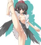  1girl anus aya_shameimaru bare_legs black_hair black_wings blush breasts cleft_of_venus female flat_chest hat leg_lift lowres nipples no_bra no_panties open_clothes open_shirt pussy red_eyes shameimaru_aya shirt short_hair skirt small_breasts solo spread_legs standing sweat takaku_toshihiko touhou uncensored wings 