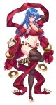  1girl 1girl :d absurd_res alluring alternate_costume barefoot big_breasts blue_eyes blue_hair blush breasts caeda caeda_(fire_emblem) cleavage dancer dancing female_focus fire_emblem fire_emblem:_mystery_of_the_emblem full_body hair_ornament harem_outfit high_res long_hair looking_at_viewer matching_hair/eyes midriff navel nez-box nintendo open_mouth panties pelvic_curtain pose red_panties slave smile stockings toeless_legwear underwear white_background 