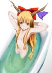  bath bathtub blonde_hair brown_eyes female highres horns ibuki_suika karu_mono karukei long_hair nude ribbon suika_ibuki touhou water 