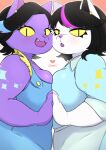 2_girls 2d 2d_(artwork) 2girls anthro anthro_only belly big_breasts black_hair blue_highlights blush breast_frottage breast_squish breasts catti_(deltarune) catty_(undertale) cleavage clothed clothing deltarune digital_media_(artwork) domestic_cat duo ear_piercing earring earrings fangs felid feline felis female female_anthro female_only fur furry furry_female furry_only hair heart highlights_(coloring) looking_at_viewer makeup mammal mascara obese obese_anthro open_mouth open_smile overalls overweight overweight_anthro overweight_female piercing piercings pink_highlights pupils purple_body purple_fur purple_highlights short_hair simple_background sister_and_sister sisters slit_pupils smile sparkles squish symmetrical_docking underchikichan undertale undertale_(series) video_game_character video_games white_body white_fur yellow_sclera