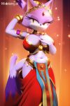  1girl ai_generated amber_eyes anthro belly_dancer belly_dancer_outfit big_breasts blaze_the_cat breasts cat cat_ears cat_tail cleavage domestic_cat feline felis forehead_jewel furry harem_girl harem_outfit harem_pants huge_breasts mammal mobians.ai navel purple_fur sega sonic_the_hedgehog_(series) tiara voluptuous white_fur 
