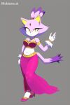 1girl ai_generated amber_eyes anthro belly_dancer belly_dancer_outfit blaze_the_cat cat cat_ears cat_tail domestic_cat feline felis forehead_jewel furry harem_girl harem_outfit mammal mobians.ai navel purple_fur sega sonic_the_hedgehog_(series) white_fur