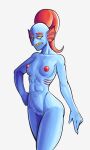 1girl abs annoyed anthro anthro_only blue_body blue_skin breasts completely_naked completely_naked_female completely_nude completely_nude_female female female_anthro female_only fish fish_girl fours_(artist) gills hair hand_on_hip hi_res long_hair looking_at_viewer marine merfolk monster monster_girl muscular muscular_female naked_female nipples nude nude_female pussy red_hair redraw scar_across_eye sharp_teeth small_breasts solo solo_anthro solo_female undertale undertale_(series) undyne video_games white_background yellow_sclera yellow_teeth
