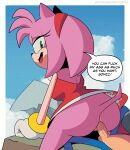  1boy 1girl amy_rose anal anal_sex anthro anus ass blue_skin dialogue female_on_top female_penetrated furry green_eyes hedgehog kangarart male_penetrating male_penetrating_female penis pink_skin reverse_cowgirl_position sega sex sonic_the_hedgehog sonic_the_hedgehog_(series) straight testicle text 