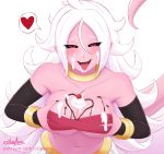 &lt;3 1girl ahegao android_21 armwear big_breasts black_sclera breasts candy cherry_(fruit) chocolate clothing covered_breasts cslucaris dragon_ball dragon_ball_super food fruit hair holidays invalid_tag jewelry lavender_hair looking_at_viewer looking_pleasured majin_android_21 messy not_furry pink_skin red_eyes simple_background suggestive valentine&#039;s_day whipped_cream white_hair