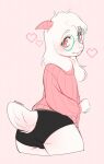 1boy 2d 2d_(artwork) anthro anthro_only artist_name ass black_shorts caprine clothed clothing colored deltarune digital_media_(artwork) femboy fur furry furry_only girly glasses goat green_glasses heart high_res looking_at_viewer male male_only myoukky pink_background pink_eyes pink_horns polka_dot_background ralsei ralsei_with_white_fur solo_anthro solo_male tail undertale_(series) video_game_character video_games white_fur