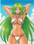 1girl 2018 alluring armlet arms_behind_head arms_up big_breasts bikini breasts cleavage cloud cloudy_sky green_eyes green_hair high_res kid_icarus kid_icarus_uprising long_hair navel nintendo palutena ravern_clouk ravernclouk_design sky smile swimsuit tight_clothes traditional_media very_long_hair white_bikini
