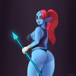 1:1 1:1_aspect_ratio 1girl 2010s 2016 2d 2d_(artwork) anthro anthro_only ass black_background blue_body blue_skin butt chelodoy dark_background digital_media_(artwork) eye_patch eyepatch female female_anthro female_only fish fish_girl holding_spear holding_weapon lips long_hair looking_at_viewer looking_back marine monster monster_girl orange_sclera ponytail red_eyes red_hair solo solo_anthro solo_female spear undertale undertale_(series) undyne video_game_character video_games weapon