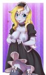  1girl 2017 anthro areolae barely_visible_genitalia blep blonde_hair blush border bottomless bow breasts clothed clothing clothing_lift cute earth_pony equine erect_nipples evomanaphy exposed_breasts eyebrows eyelashes fan_character freckles furry hair heart high_res horse legwear looking_at_viewer maid_uniform mammal my_little_pony nipples pattern_background pony portrait presenting presenting_pussy purple_background pussy shadow signature simple_background skirt skirt_lift smile standing striped_background subtle_pussy teal_eyes thighhighs three-quarter_portrait tongue tongue_out uniform white_border 