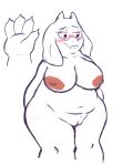 1girl 4_fingers anthro areola belly big_areola big_breasts big_nipples blush boss_monster bovid breasts caprine embarrassed eyewear fangs female female_anthro female_only floppy_ears fur genitals glasses glasses_only goat high_res horn looking_away mammal monster monster_girl navel nipples nude paw pussy red_eyes sexylinguini simple_background slightly_chubby solo solo_anthro solo_female stretch_marks teeth toriel undertale undertale_(series) white_background white_body white_fur