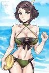  1girl alluring bare_arms bare_shoulders beach big_breasts bikini cleavage female_only fire_emblem fire_emblem_awakening fire_emblem_heroes geazs green_bikini grey_eyes holding holding_object hourglass_figure midriff noire_(fire_emblem) noire_(summer)_(fire_emblem) sea seaside short_black_hair short_hair solo_female stomach swimsuit thighs water 