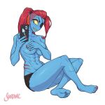 1:1 1:1_aspect_ratio 1_girl 1girl 2020s 2022 2d 2d_(artwork) anthro anthro_only artist_name blue_body blue_skin breasts commission_art covering_breasts covering_self deviantart digital_media_(artwork) ear_fins female female_anthro female_only fins fish fish_girl hair head_fins holding_object holding_phone long_hair looking_at_phone marine monster monster_girl non-mammal_breasts pants pants_only phone ponytail red_hair red_ponytail scar selfpic shardanic sitting smartphone solo_anthro solo_female topless topless_anthro topless_female undertale undertale_(series) undyne video_game_character video_games white_background yellow_sclera
