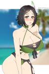  1girl 1girl alluring alternate_costume ass bare_midriff bare_shoulders bare_thighs beach big_breasts black_hair blush cleavage collarbone covered_nipples cryptid_crab feathers fire_emblem fire_emblem_awakening fire_emblem_heroes frown green_bikini green_swimsuit grey_eyes hair_ornament hand_on_own_chest medium_hair nintendo nipple_bulge noire_(fire_emblem) noire_(summer)_(fire_emblem) ocean palm_tree seaside thick_thighs tree wide_hips 